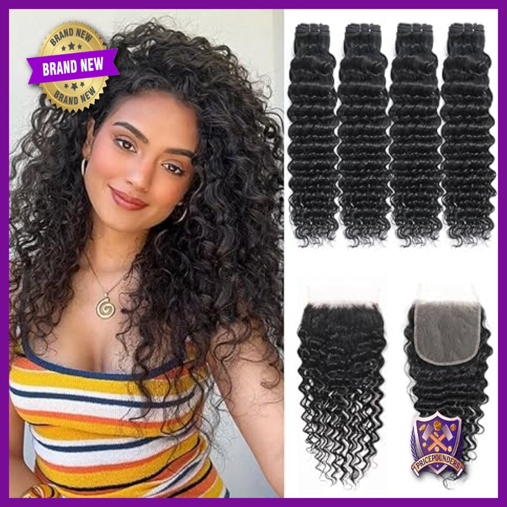 Deep Wave Human Hair Bundles With 5x5 Hd Lace Closure 12-18 Inch